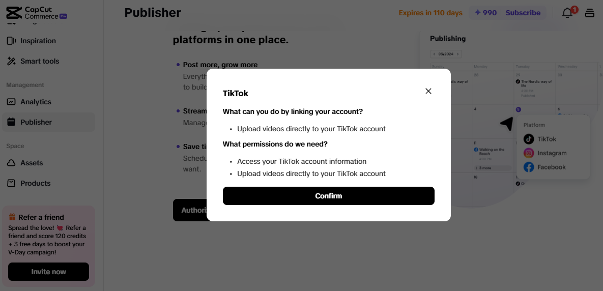 Pippit dashboard for video creation side hustles, highlighting TikTok account linking and publishing tools.